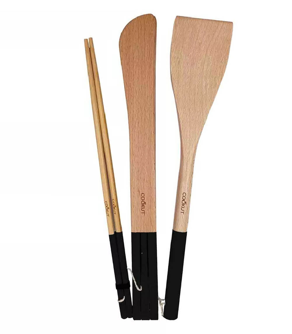 Set 3 Ustensiles Baguette + Spatule + Pince en Bois Graphite Cookut