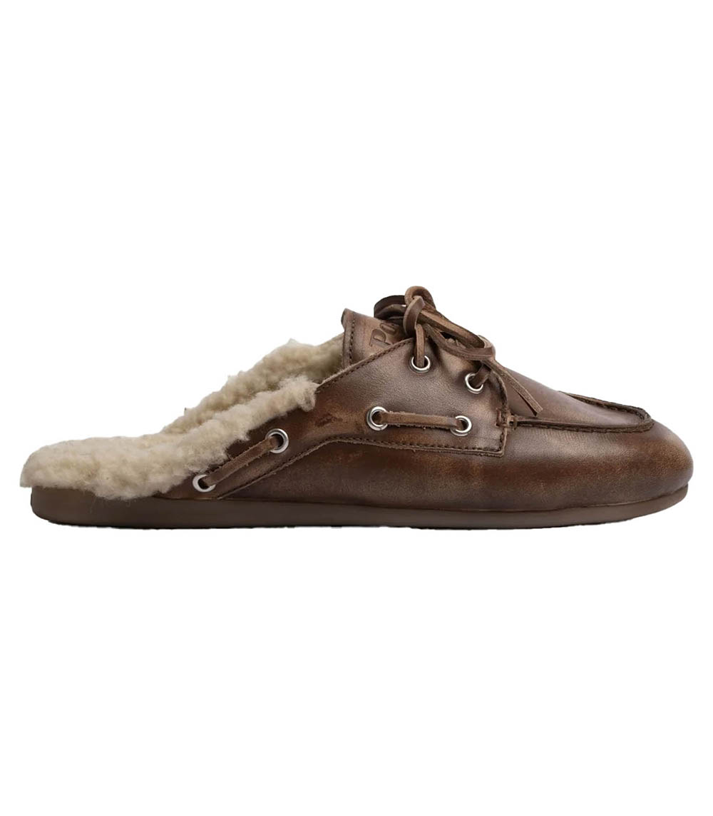 Mules Boat Loafer Fur Leather Brown Posa