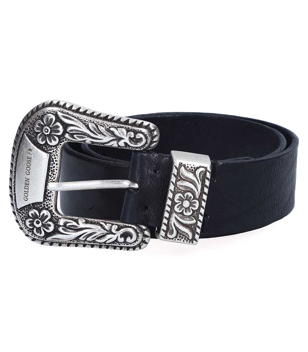 Ceinture Cuir Noir Métal Gravé Golden Goose