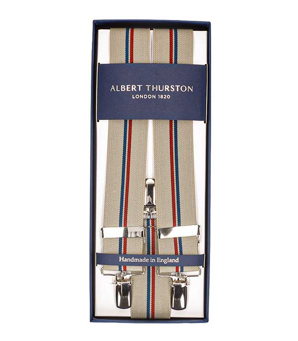 Bretelles Elastic Clip Beige à rayures bleu et rouge Albert Thurston