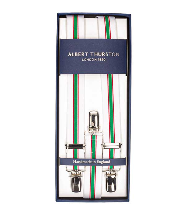Bretelles Elastic Clip Blanches à rayures rouge et verte Albert Thurston