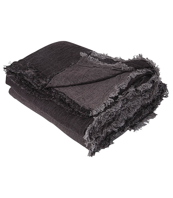 Plaid en Lin Vice Versa Frangé Charbon/Anthracite 140 x 250 cm  Maison de Vacances