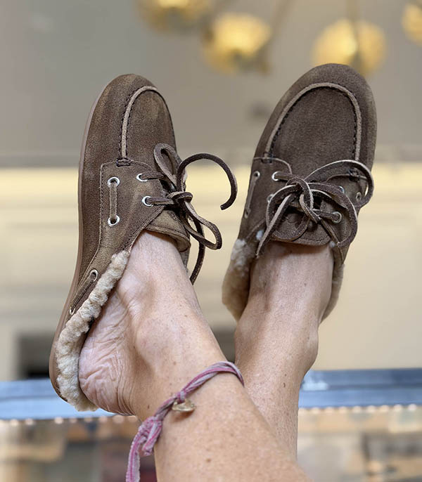 Mules Boat Loafer Fur Burshed Suede Dark Brown Posa