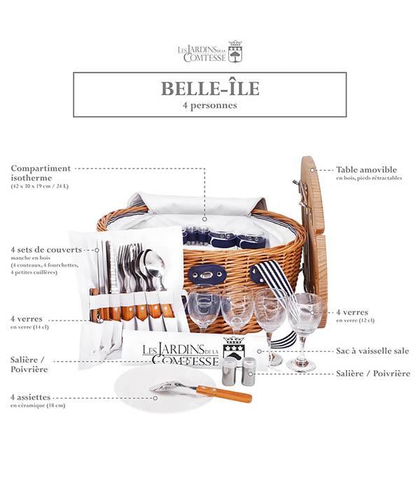 Panier Pique-Nique Belle-Île Rayures Bleu 4 personnes Les Jardins de la Comtesse