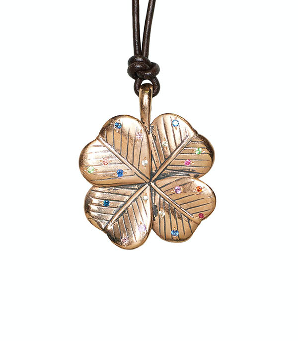 Collier lien en cuir Clover Bronze et Pierres Multicolores Catherine Michiels