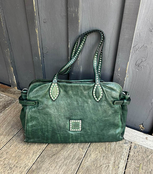 Sac shopping à clous Carolina en cuir vert bouteille Campomaggi