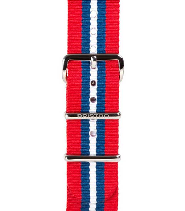 Bracelet de montre spécial NATO rayé rouge, bleu et blanc 245mm Briston