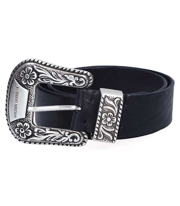 Ceinture Cuir Noir Métal Gravé Golden Goose